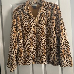 Parkhurst Leopard Animal Print Teddy Bear Faux Fur 1/4 Zip Jacket